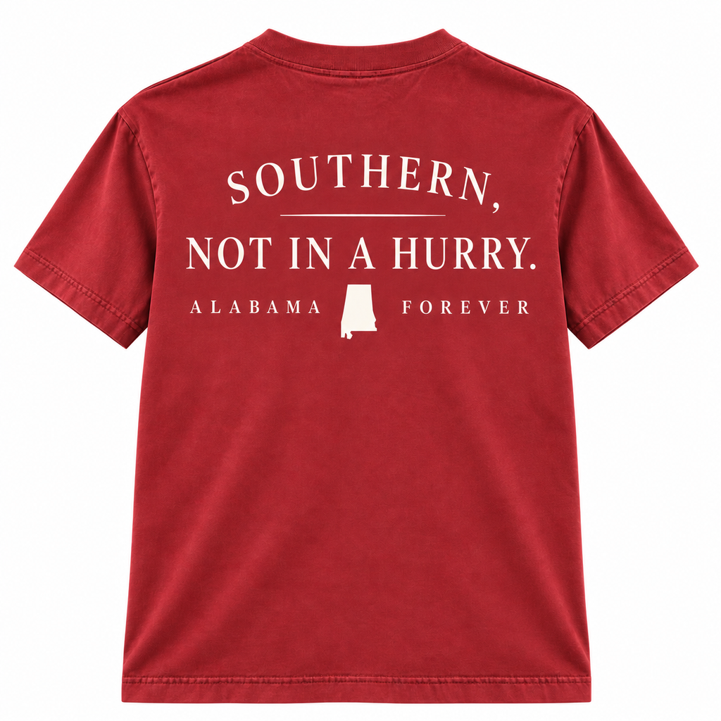 Alabama Forever Southern Not In A Hurry T Shirt - back view in crimson Comfort Colors