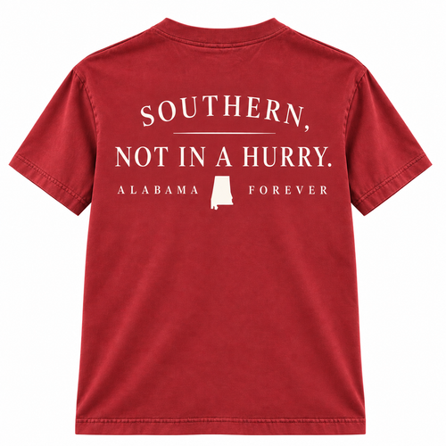 Alabama Forever Southern Not In A Hurry T Shirt - back view in crimson Comfort Colors