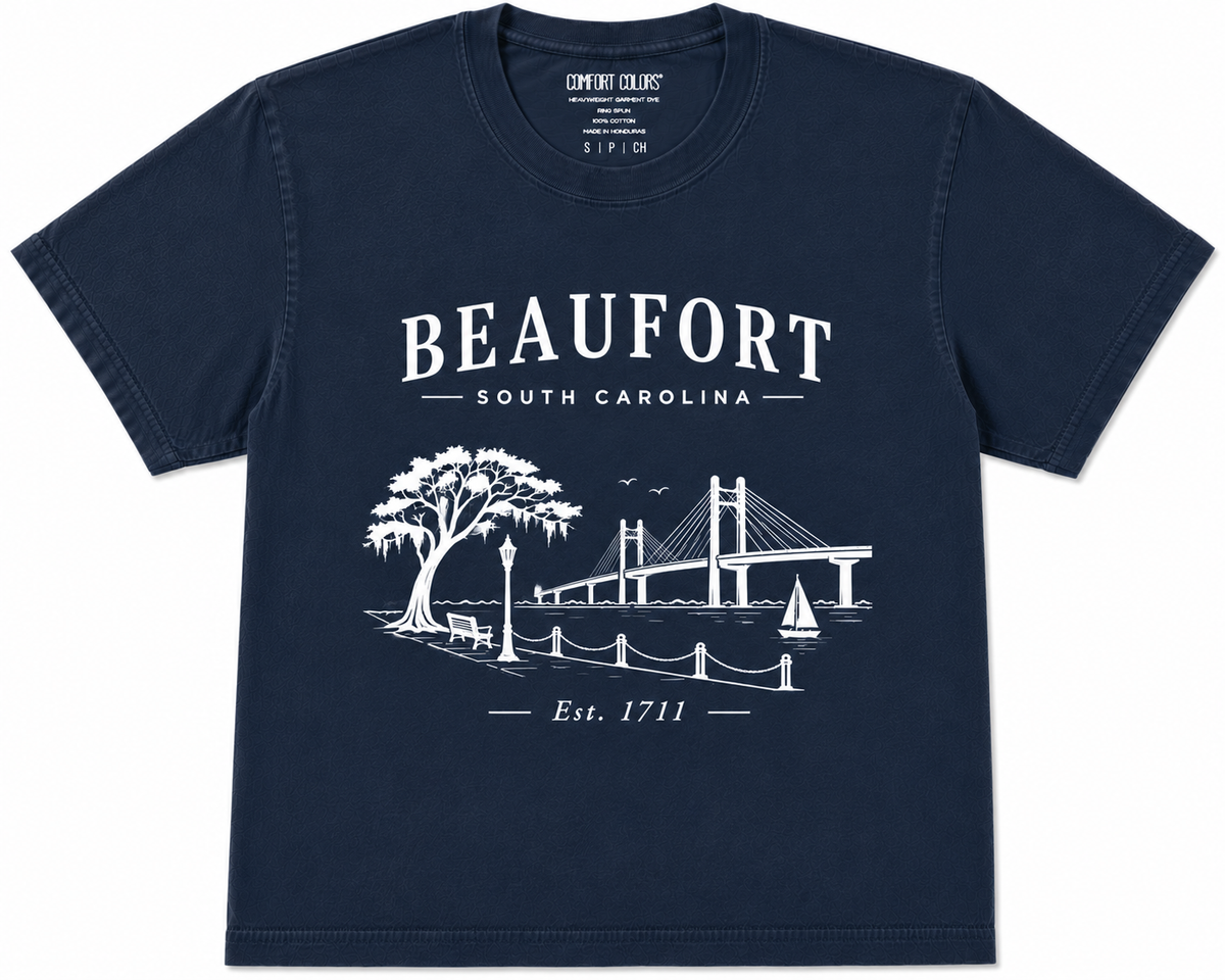 Carolina Forever Beaufort Est. 1711 Tee in Navy Blue with white minimalist graphic