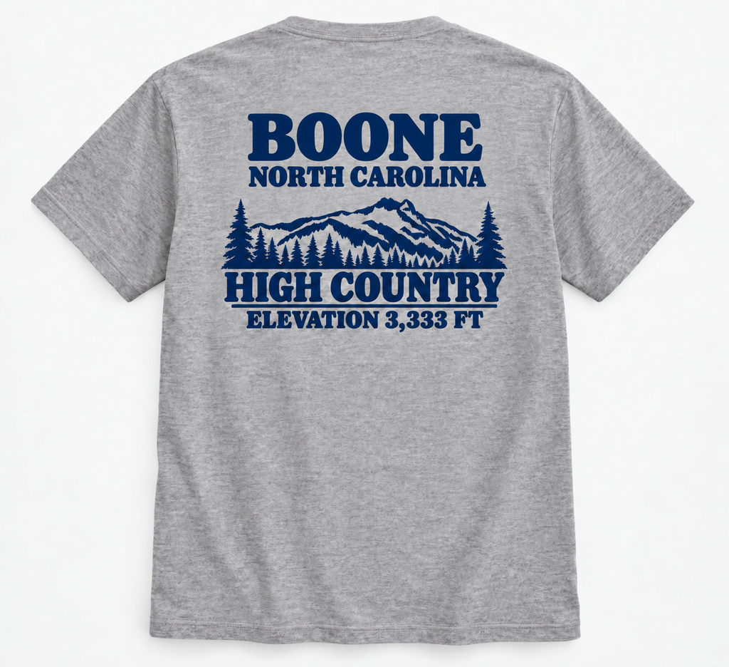 Boone North Carolina High Country mountain graphic on gray T-shirt