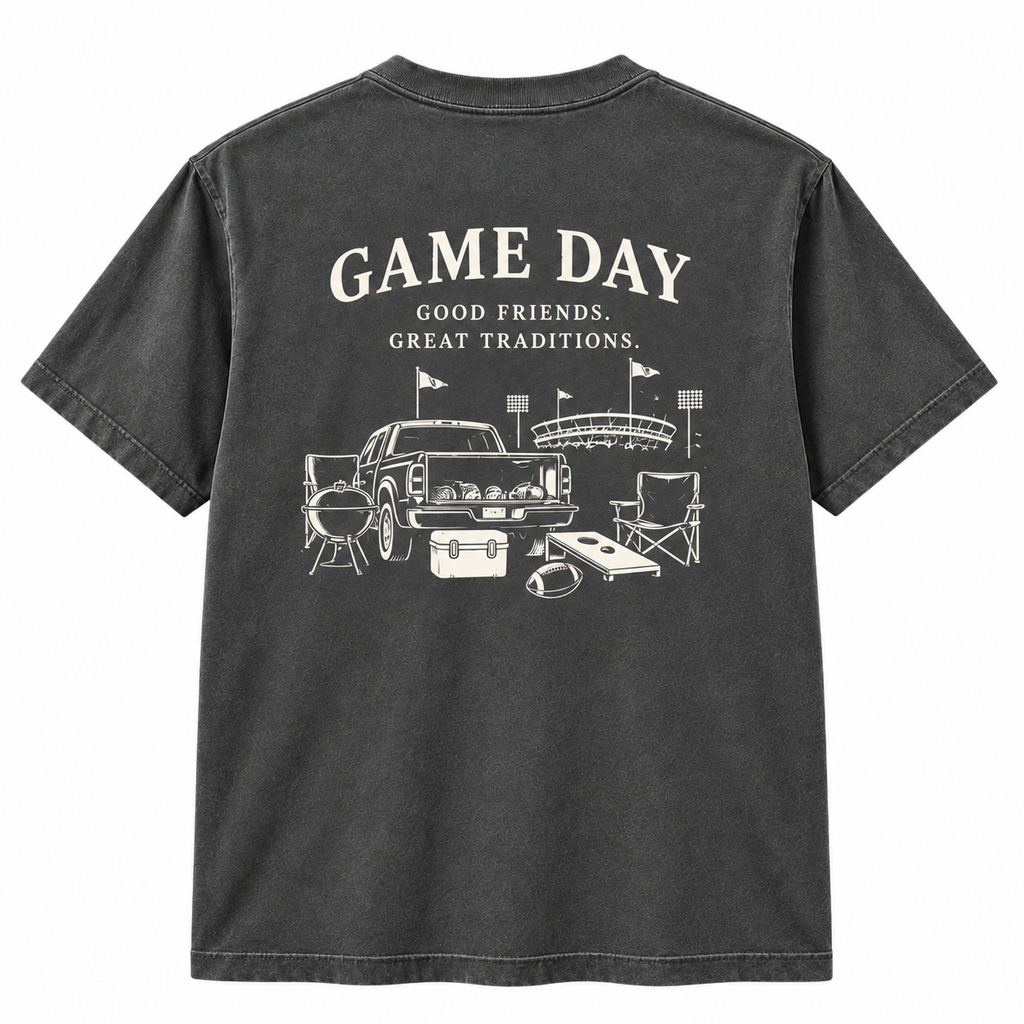 Game Day Good Friends Great Traditions T Shirt - back view in charcoal Comfort Colors with tailgate scene graphic
