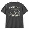 Game Day Good Friends Great Traditions T Shirt - back view in charcoal Comfort Colors with tailgate scene graphic