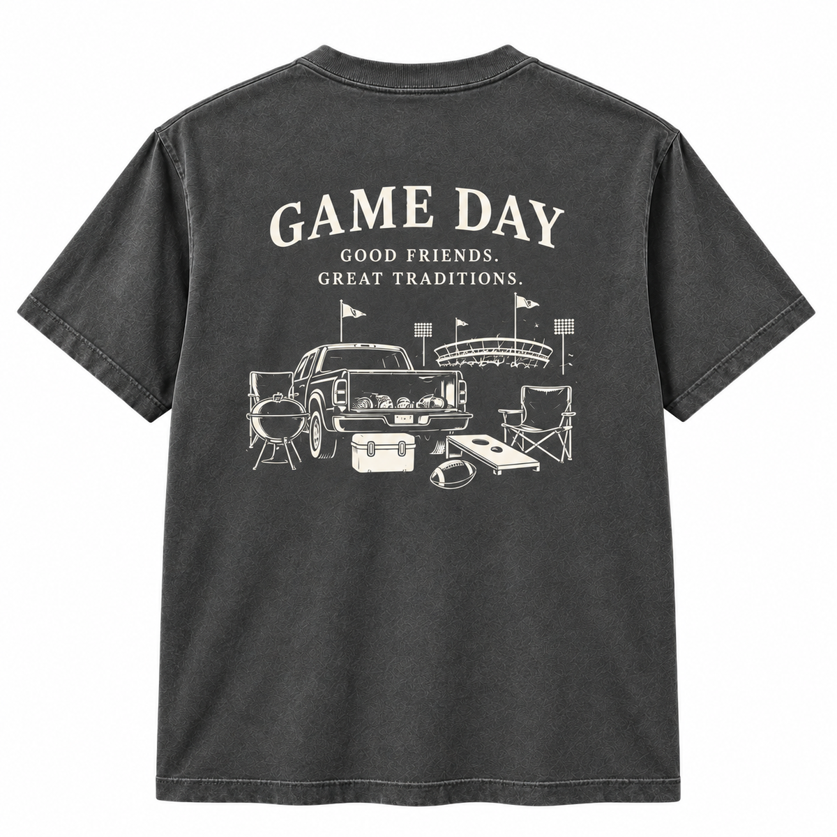 Game Day Good Friends Great Traditions T Shirt - back view in charcoal Comfort Colors with tailgate scene graphic