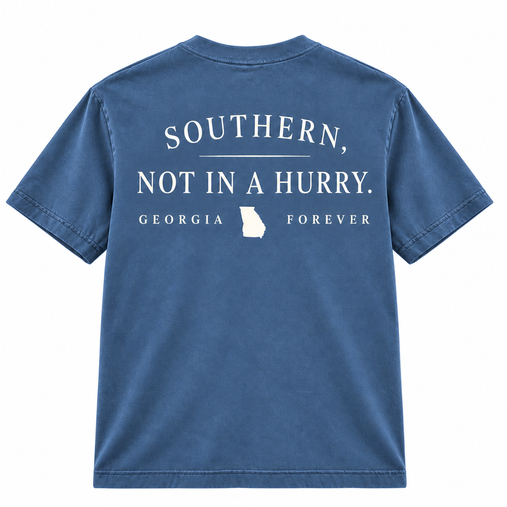Georgia Forever Southern Not In A Hurry T Shirt - back view in slate blue Comfort Colors