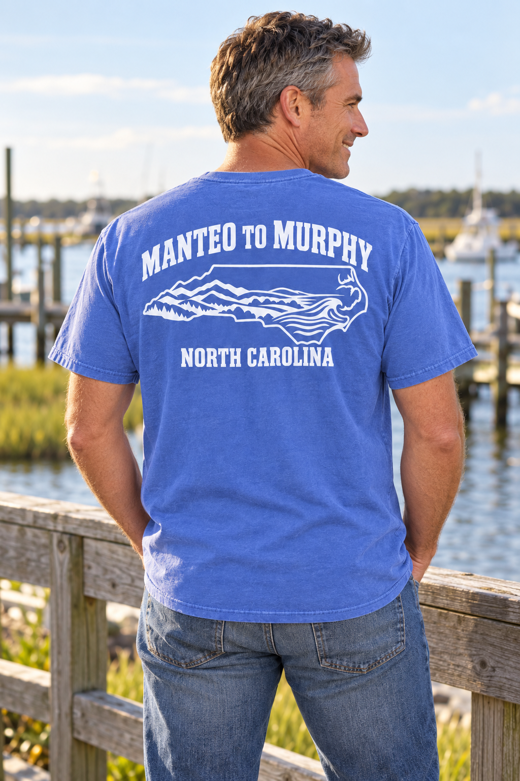 Manteo to Murphy North Carolina graphic on blue T-shirt
