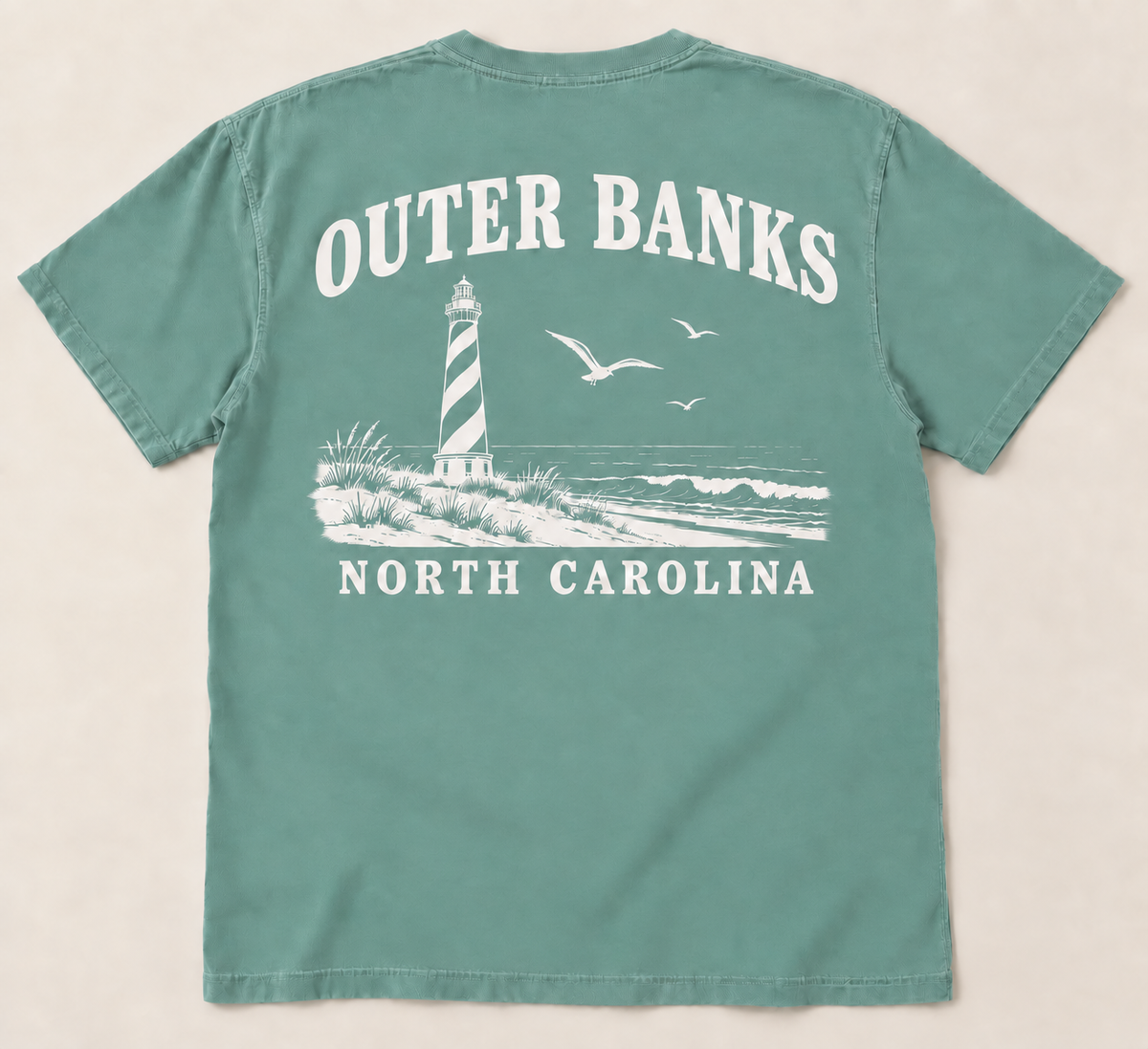 Outer Banks North Carolina lighthouse graphic on green T-shirt