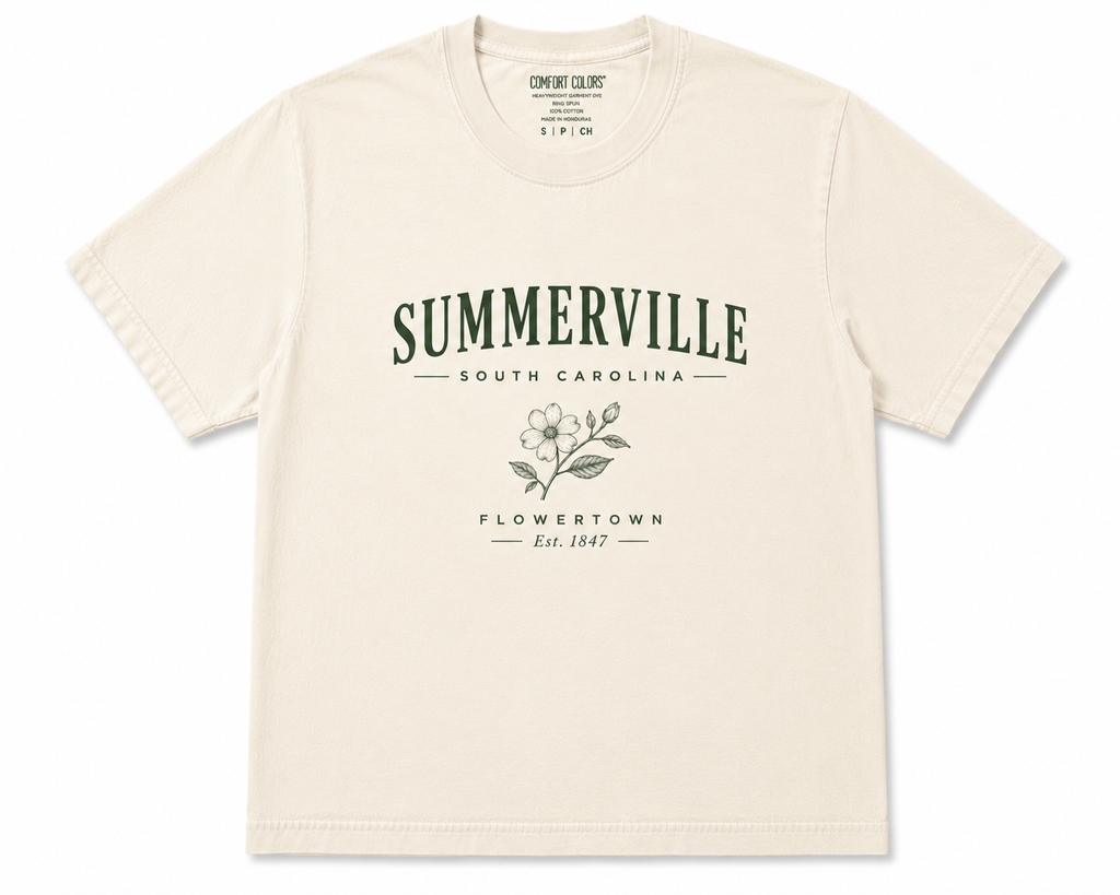 Carolina Forever Summerville Flowertown Tee in Ivory with forest green type