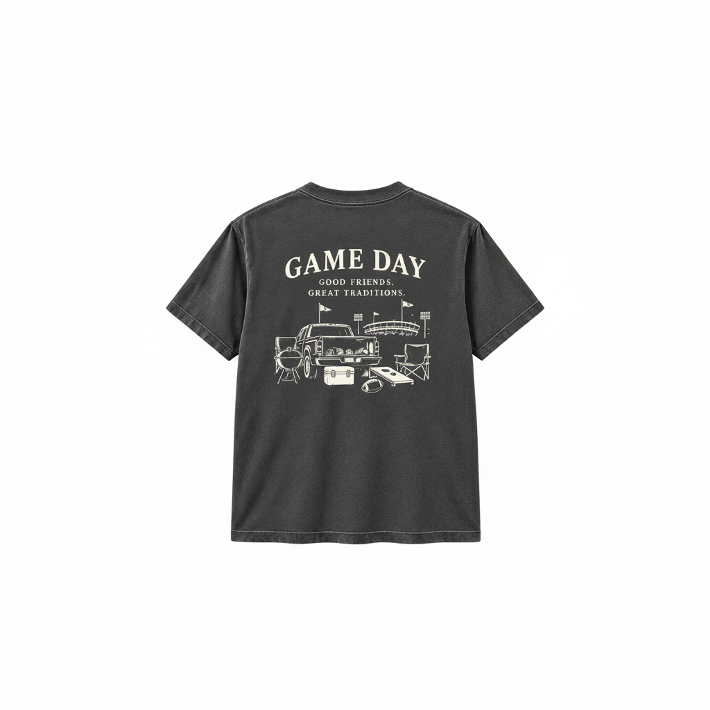 Game Day Good Friends Great Traditions T Shirt - charcoal Comfort Colors centered with white space padding